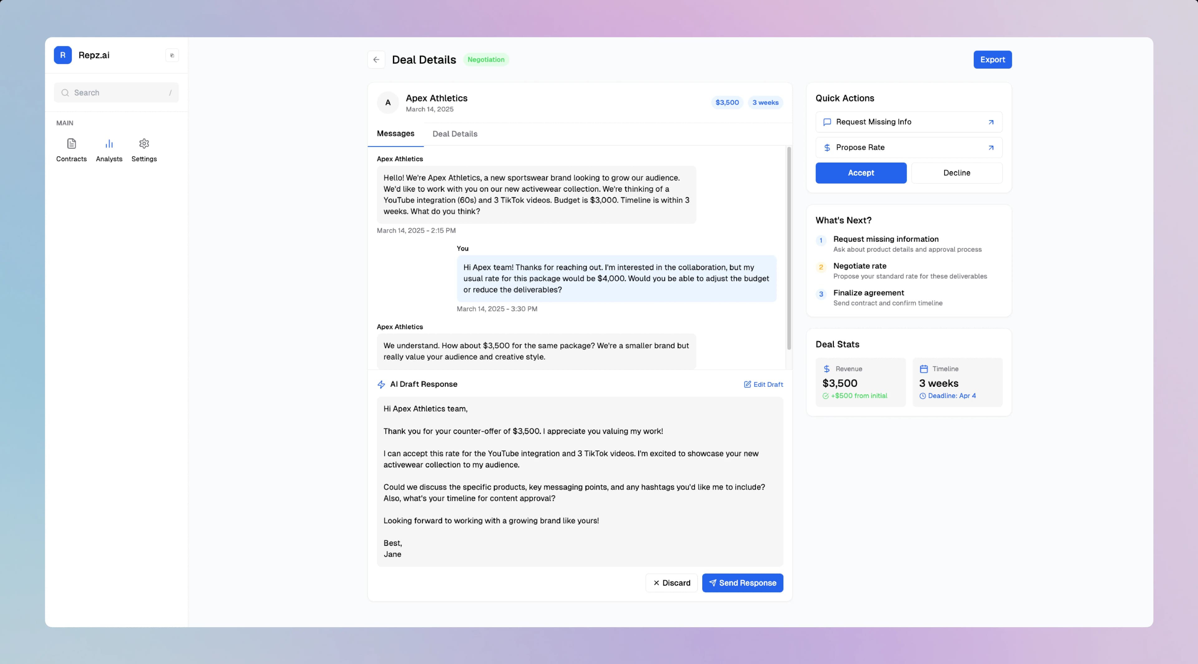 AI Talent Agent dashboard showing brand deal negotiation with Apex Athletics